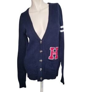 Hollister Varsity Letterman Cardigan Sweater Navy Preppy Medium Y2K Schoolgirl